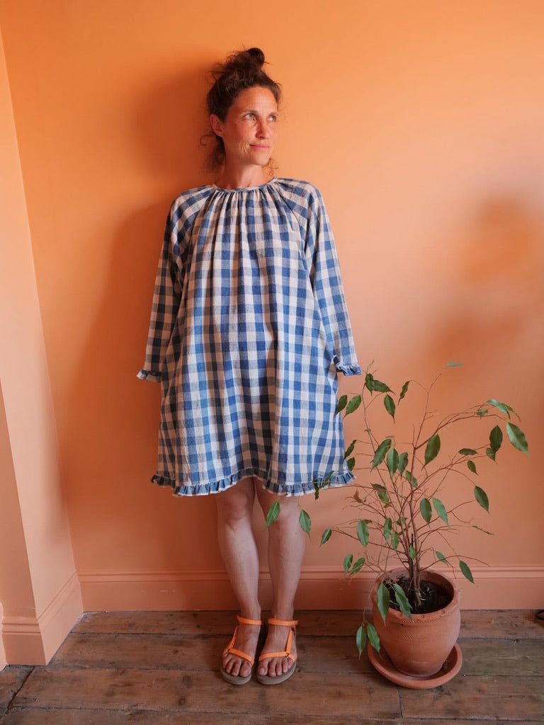 Studio Ren Frill Hem Dress / Blue Checks