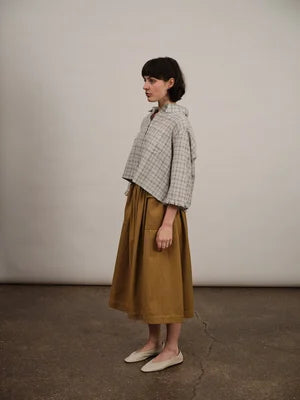 Lillian Frill Sleeve Shirt /Textured Blue Plaid