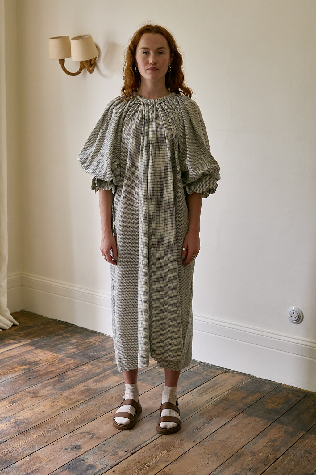 Studio Ren Scallop Sleeve Maxi Dress / Blue Check