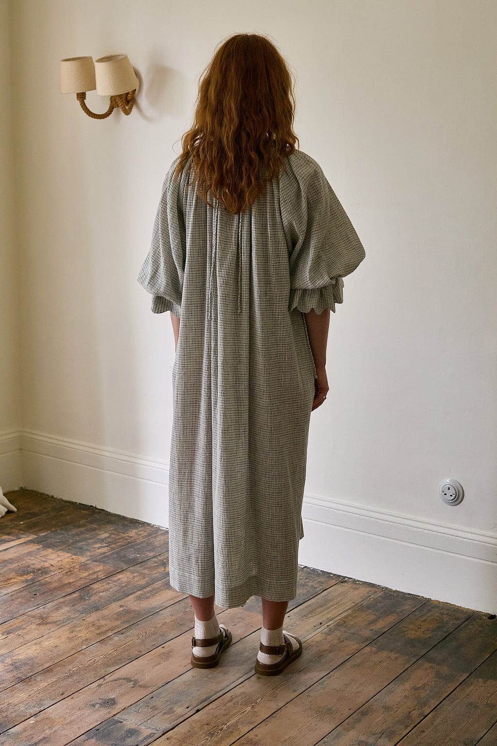 Studio Ren Scallop Sleeve Maxi Dress / Blue Check