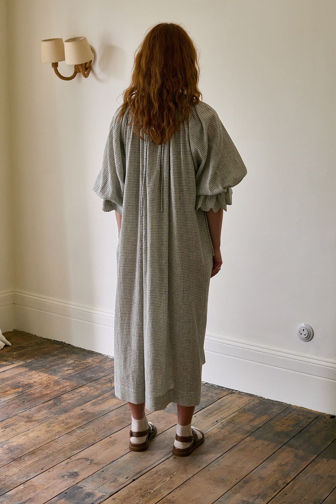 Studio Ren Scallop Sleeve Maxi Dress / Blue Check