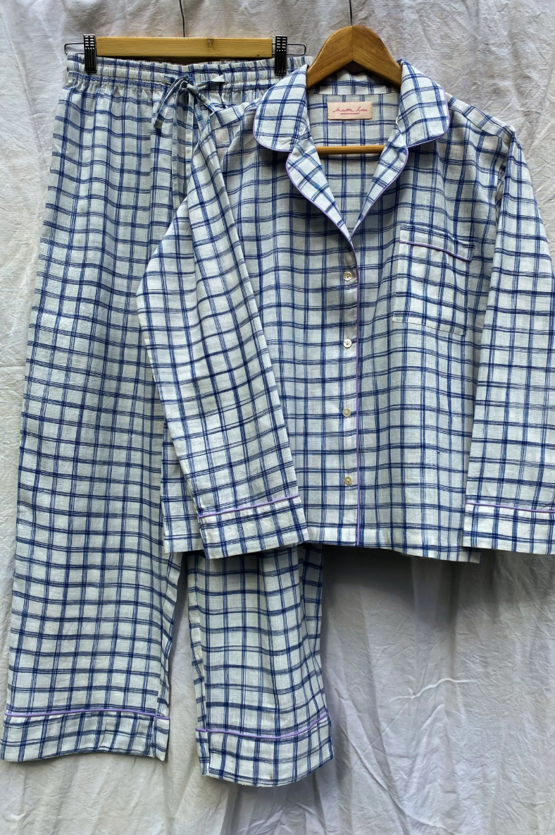 Martha Rose Meadowsweet Long Pyjama Set / Blue Check
