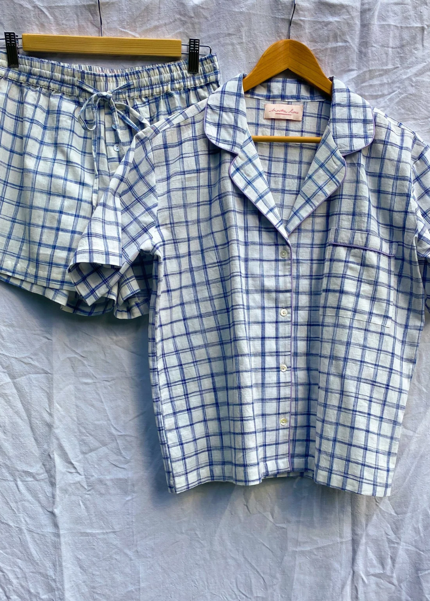 Martha Rose Buttercup Short Pyjama Set / Blue Check