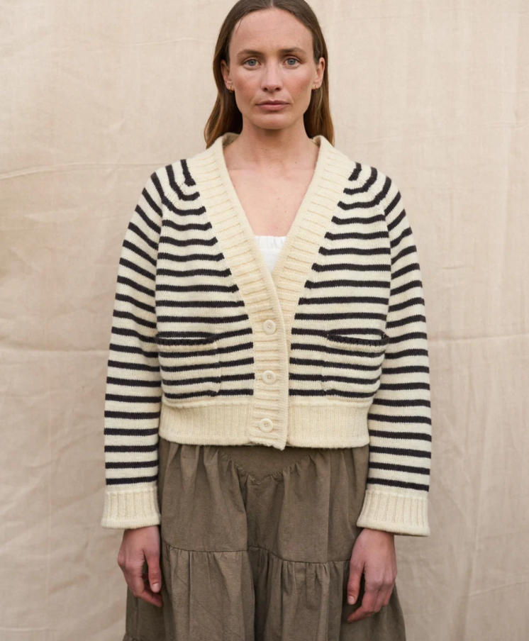 Herd Ingleton Crop Cardi / Ecru & Dark Chocolate Stripe
