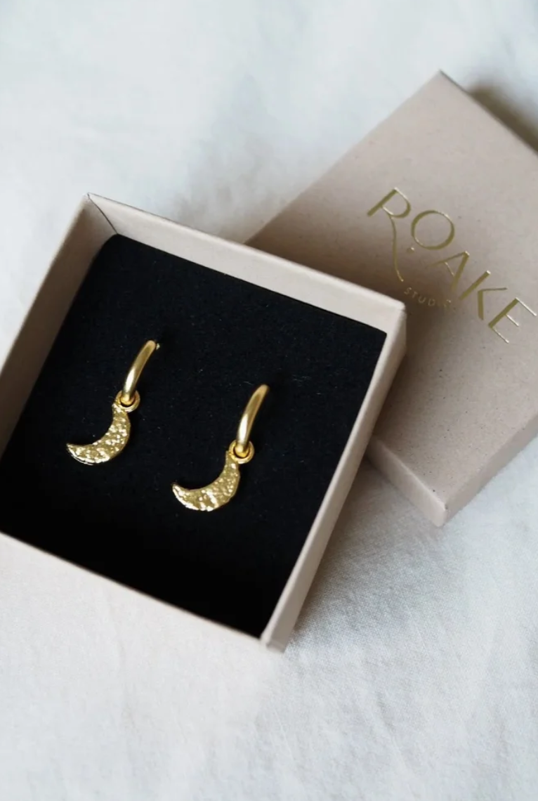 Roake Studio Crescent Moon Gold Charm Earrings