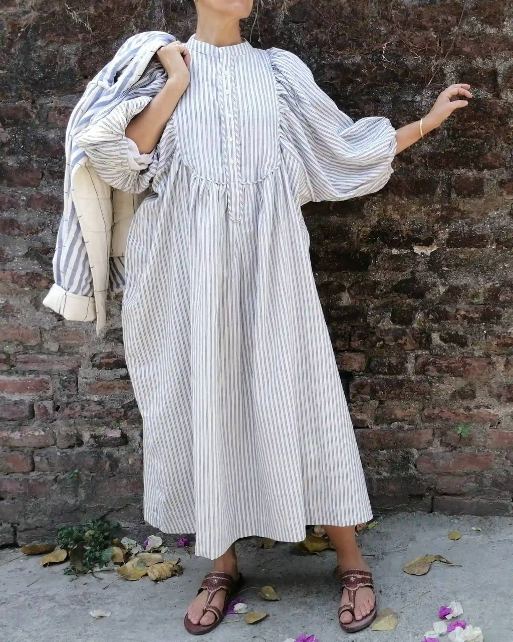 Cotton Conscious  Maxi Dress with Puff Sleeve / Ticking Stripe