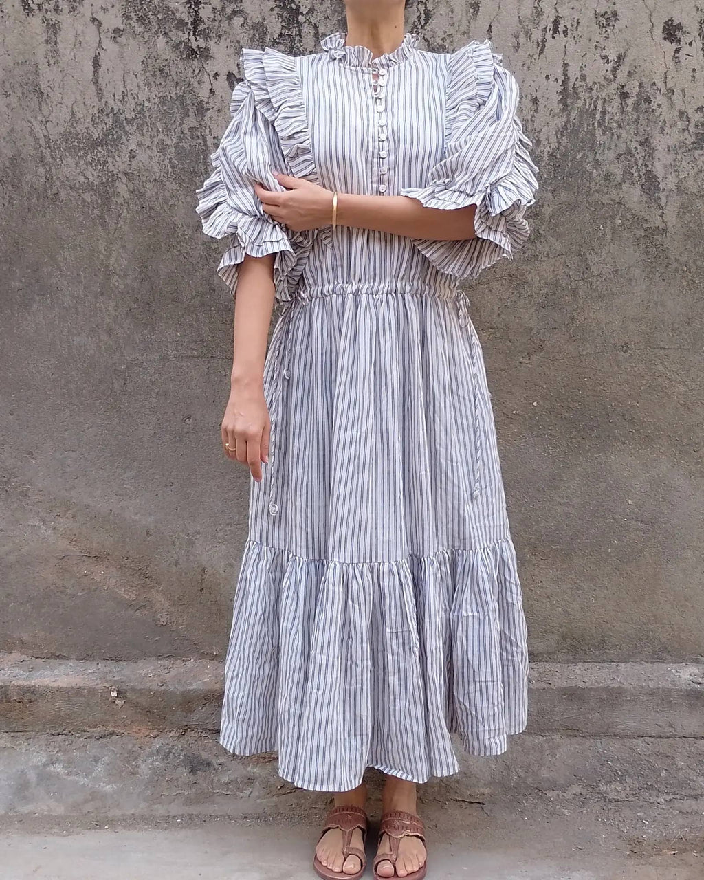 Cotton Conscious Frill Maxi Dress /Blue Ticking