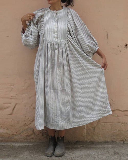 Cotton Conscious  Maxi Dress with Puff Sleeve / Ticking Stripe