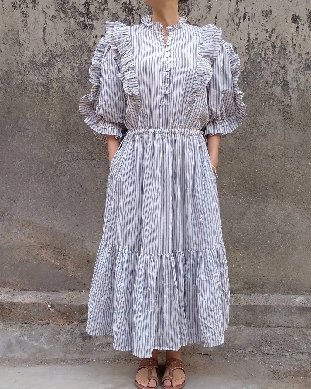 Cotton Conscious Frill Maxi Dress /Blue Ticking