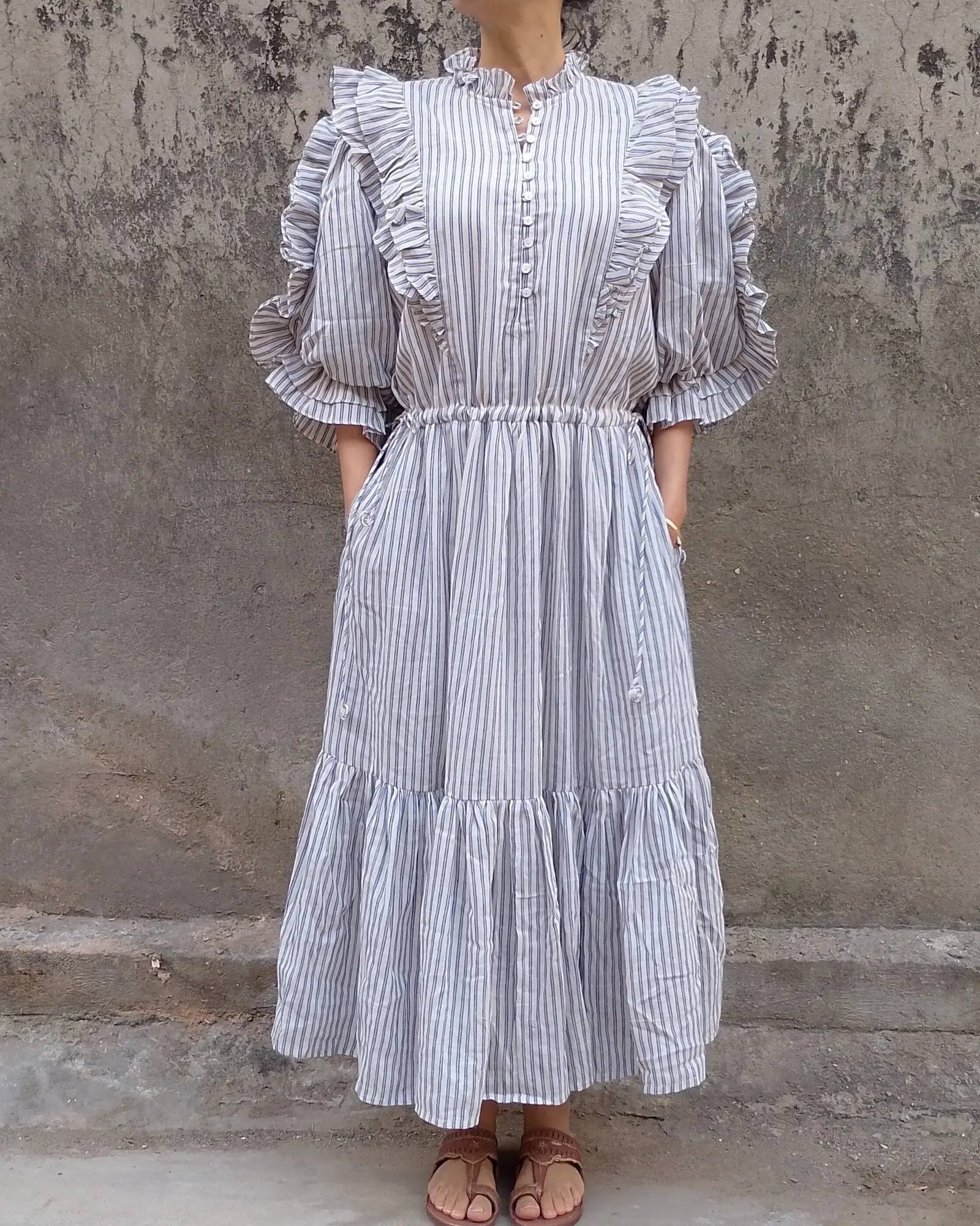 Cotton Conscious Frill Maxi Dress /Blue Ticking