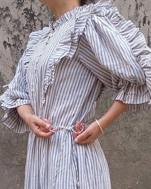 Cotton Conscious Frill Maxi Dress /Blue Ticking