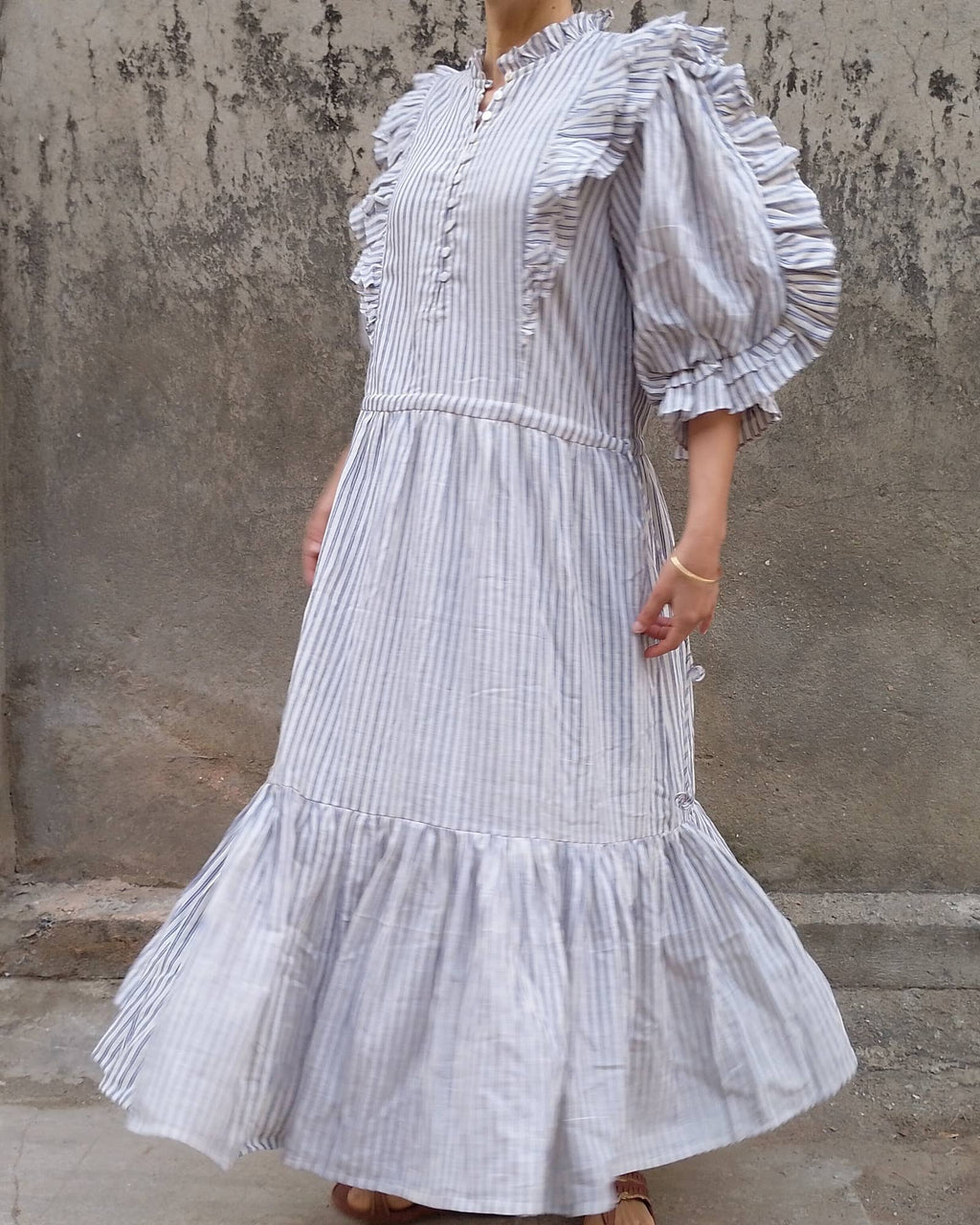 Cotton Conscious Frill Maxi Dress /Blue Ticking